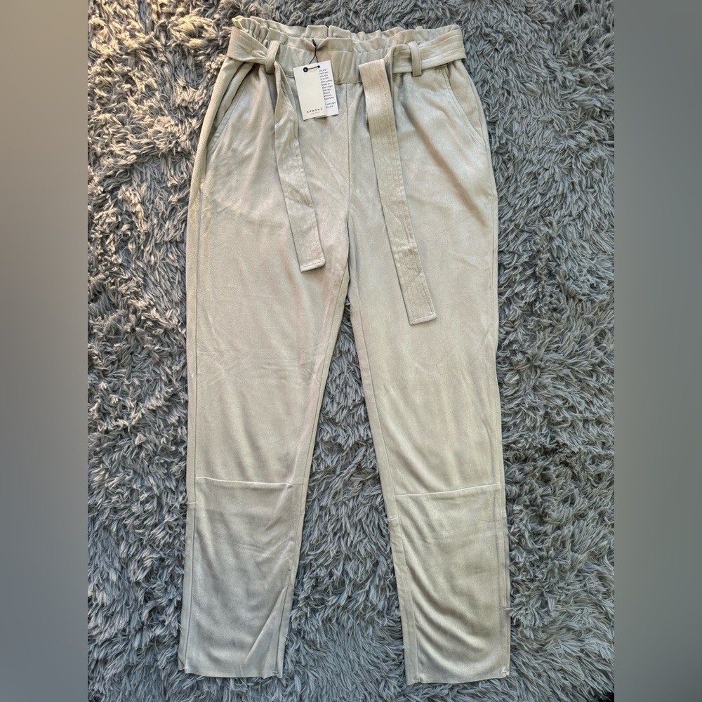 Tender Gray Sparkz Paper Bag Faux Velvet Pants Ladies Belted Slacks w/ Pocket